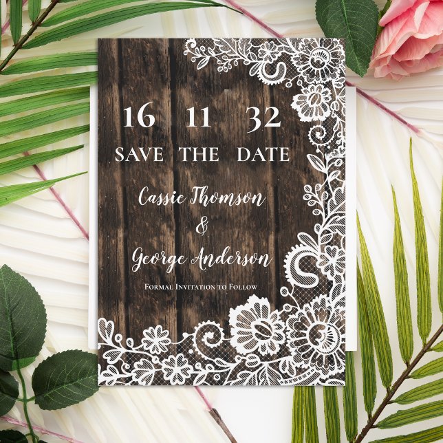 Mariage Champêtre Bois Dentelle Faire-Part de Date (Rustic Country Lace Wood Wedding Save the Date)