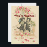 Mariage Chats Vintage Soft Gold Invitation<br><div class="desc">Faites attention à vos invités mariages avec ce mignon et adorable couple de mariés vintages avec des roses roses éparpillées tout autour et un arrière - plan pastel couleur pêche/or. Customisez ce faire-part de mariage unique avec votre texte personnalisé pour vos invités mariages à l'aide de l'outil de Personnaliser.</div>