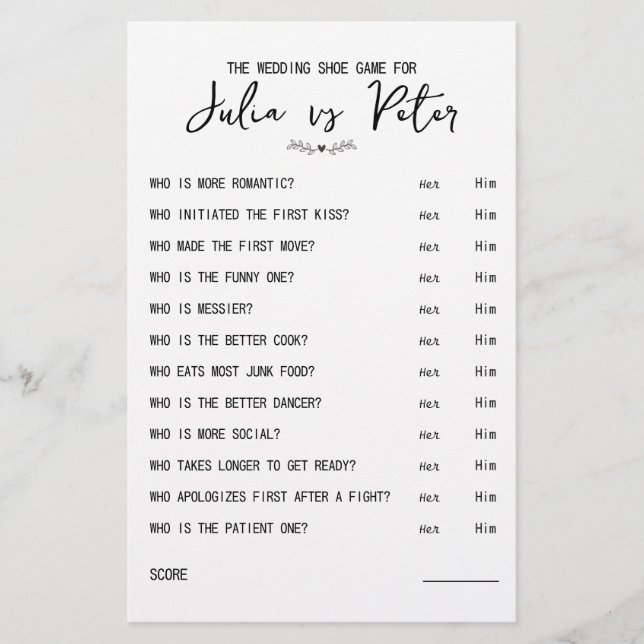 Mariage Chaussure Questions Jeu papier noir et bla (Devant)