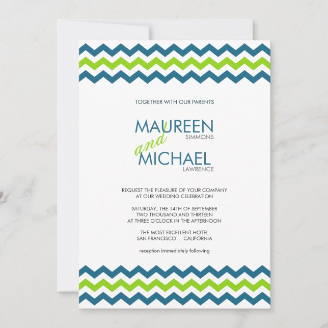 Mariage Chevron ZigZag Blue and Lime Invitations (Devant)