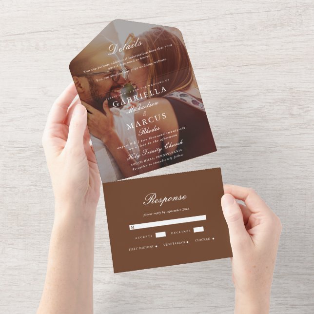 Mariage Chic Brown Tout en un Photo Invitation (Déchirure)