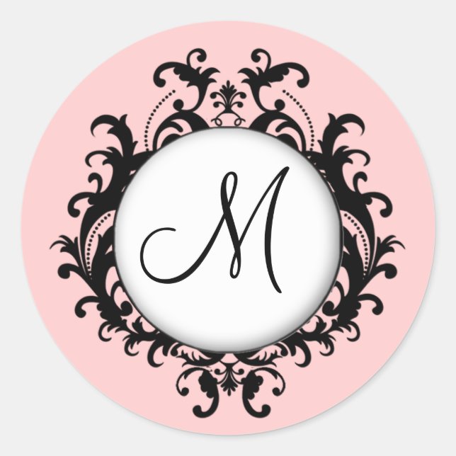 Mariage Chic Monogram Damask Étiquette rose (Devant)