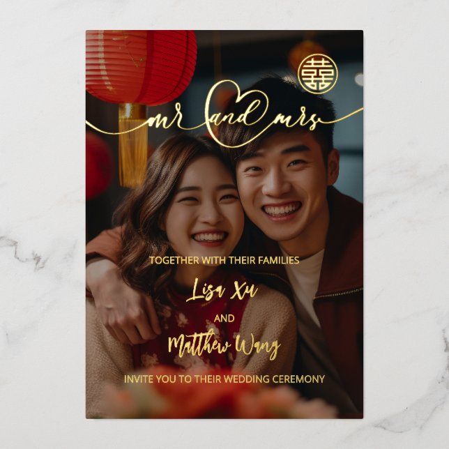Mariage chinois Photo Gold Foil Invitation (Recto)