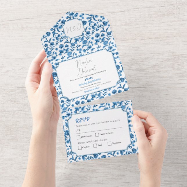 Mariage Chintz Blue & White Floral Invitation & RS (Déchirure)