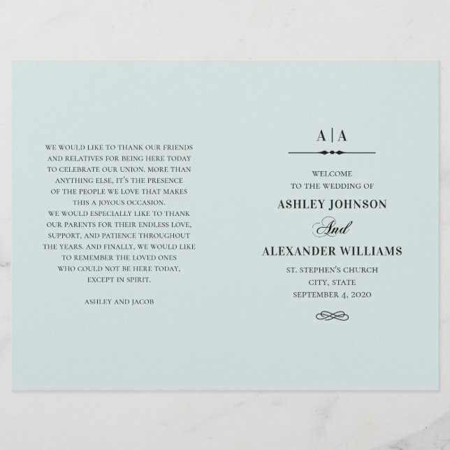 Mariage classique élégant. Programme bleu plié (Devant)