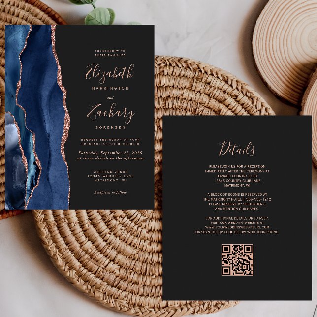Mariage Code QR Agate Or Rose Navy Budget (Créateur téléchargé)