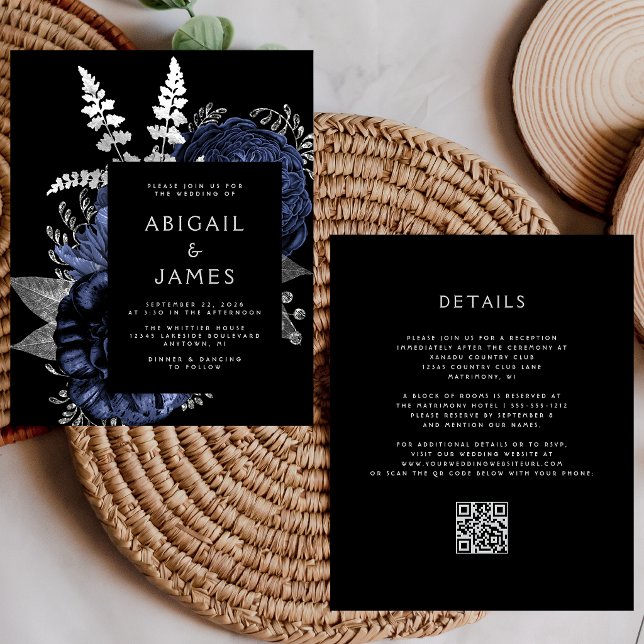 Mariage Code QR Argent Navy Floral Budget Maussade (Créateur téléchargé)