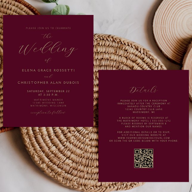 Mariage Code QR Bourgogne Écriture Dorée Moderne (Créateur téléchargé)