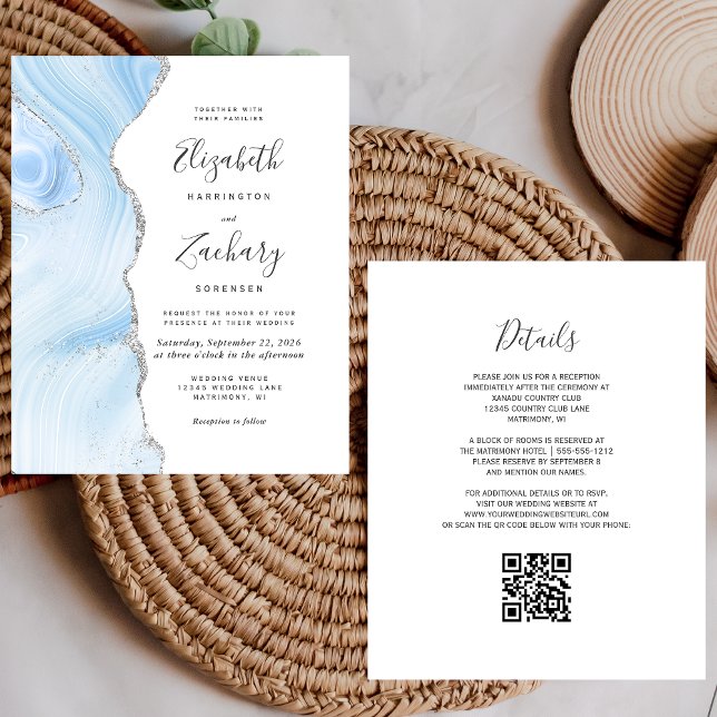 Mariage Code QR Budget Bébé Bleu Agate Argent (Créateur téléchargé)