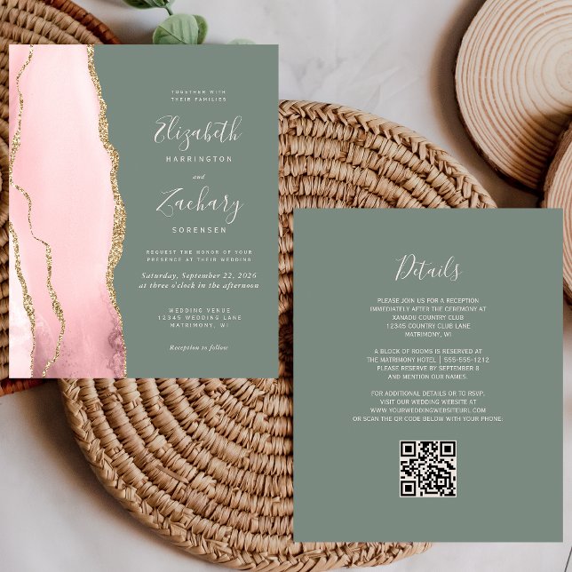 Mariage Code QR Budget Blush Agate Vert Sauge (Créateur téléchargé)