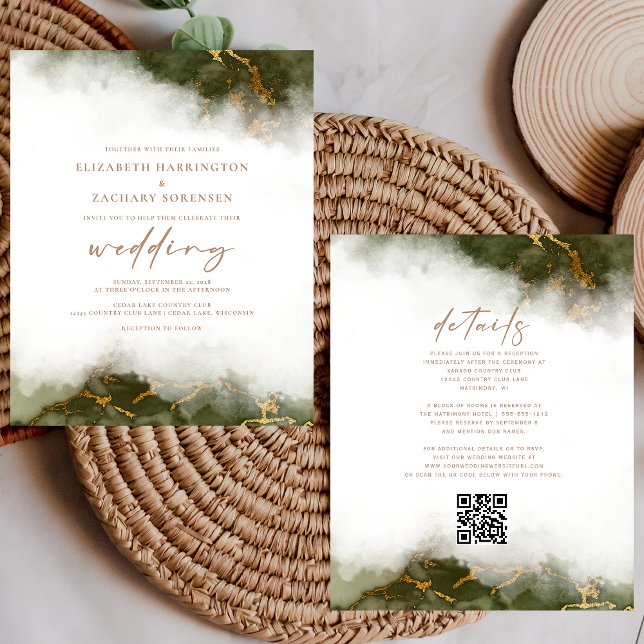 Mariage Code QR Budget Marbre Vert Olive Or (Créateur téléchargé)