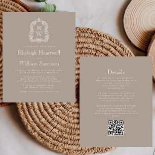 Mariage Code QR Budget Taupe Monogramme Blason