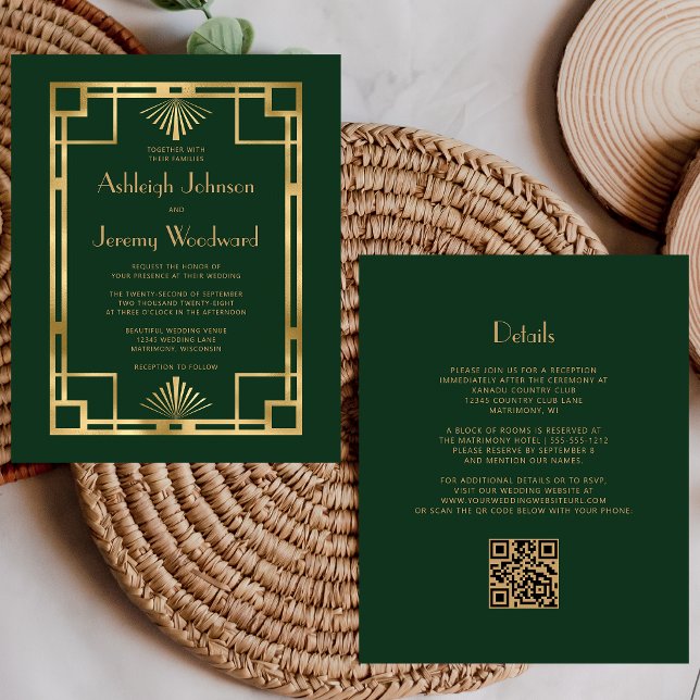 Mariage Code QR Budget Vert Or Vintage Années 20 (Créateur téléchargé)