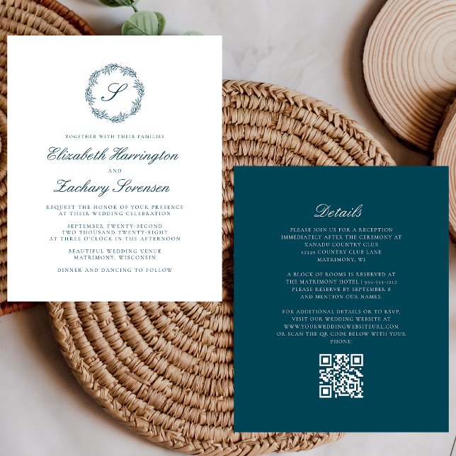 Mariage Code QR Couronne Monogramme Bleu Sarcelle  (Créateur téléchargé)