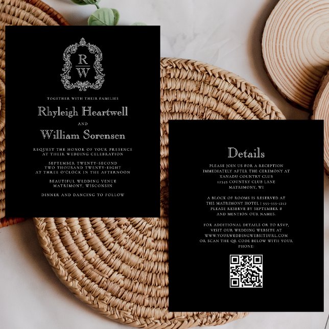 Mariage Code QR Crête Monogramme Noir Blanc Budget (Créateur téléchargé)
