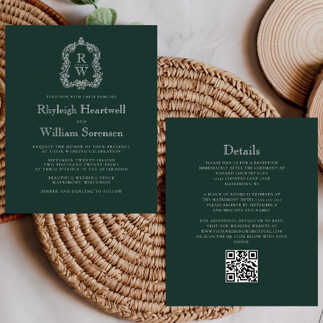 Mariage Code QR Crête Monogramme Vert de la Forêt  (Créateur téléchargé)
