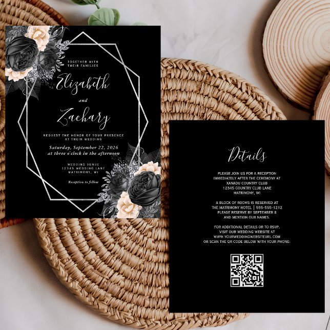 Mariage Code QR Fleurs Noir Argent Péché de Budget (Créateur téléchargé)