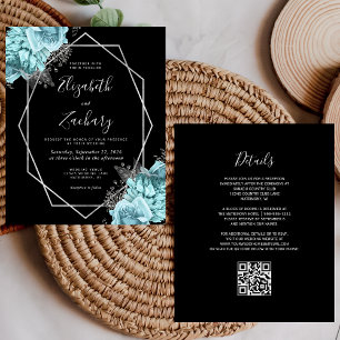 Mariage Code QR Floral Argent Aqua Noir Budget