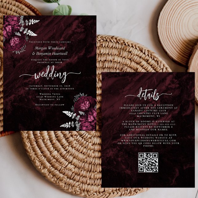 Mariage Code QR Floral Argent Bourgogne Économique (Créateur téléchargé)
