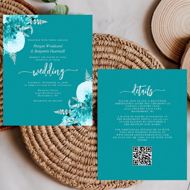Mariage Code QR Floral Argent Turquoise Économique (Créateur téléchargé)