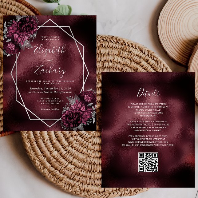 Mariage Code QR Floral Argenté Feuille de Bourgogn (Créateur téléchargé)