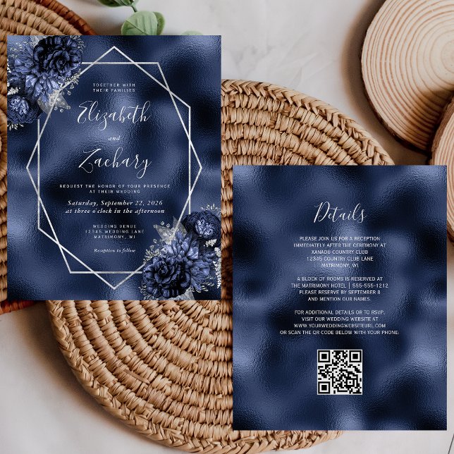 Mariage Code QR Floral Bleu Marine Argenté Budget (Créateur téléchargé)