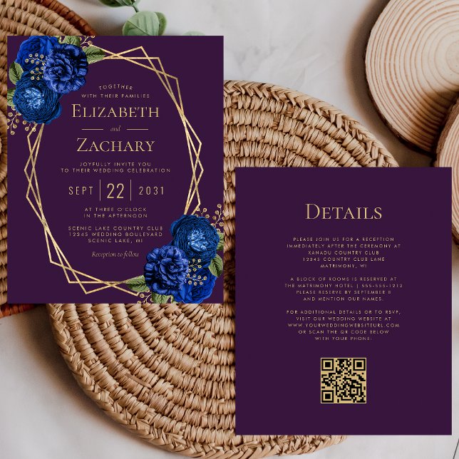 Mariage Code QR Floral Bleu Violet Budget Or (Créateur téléchargé)