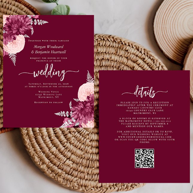 Mariage Code QR Floral Coup de foudre Bourgogne ab (Créateur téléchargé)