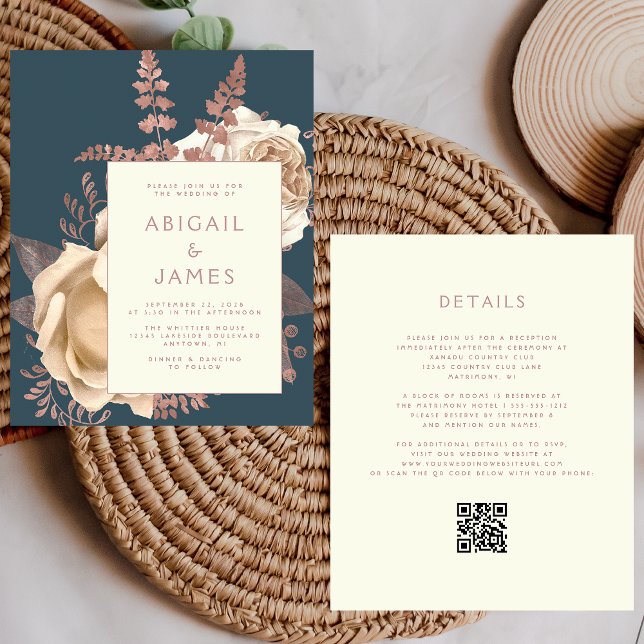 Mariage Code QR Floral Ivoire Rose Doré Bleu Canar (Créateur téléchargé)