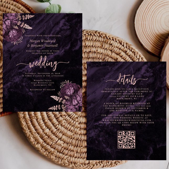 Mariage Code QR Floral Rose Gold Pourpre Économiqu (Créateur téléchargé)