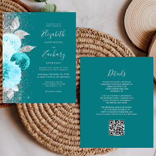 Mariage Code QR Floral Turquoise Argent