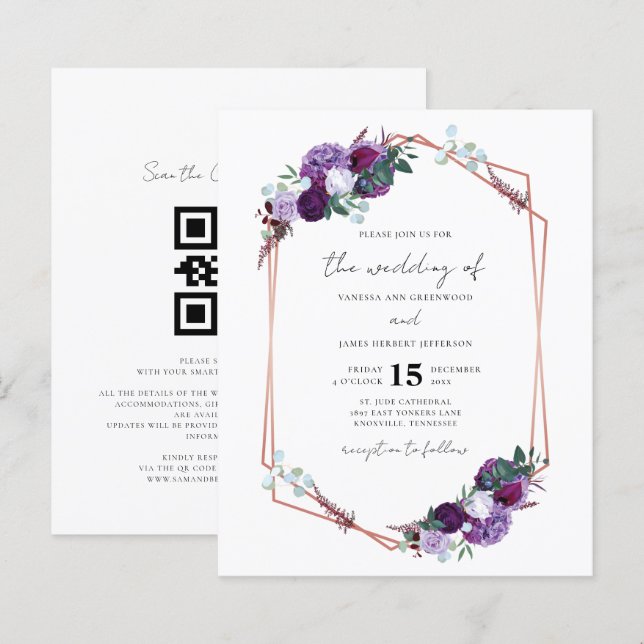 Mariage Code QR Géométrique Floral Violet Script (Devant / Derrière)