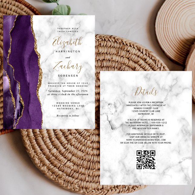 Mariage Code QR Marbre Agate Or Violet Budget (Créateur téléchargé)