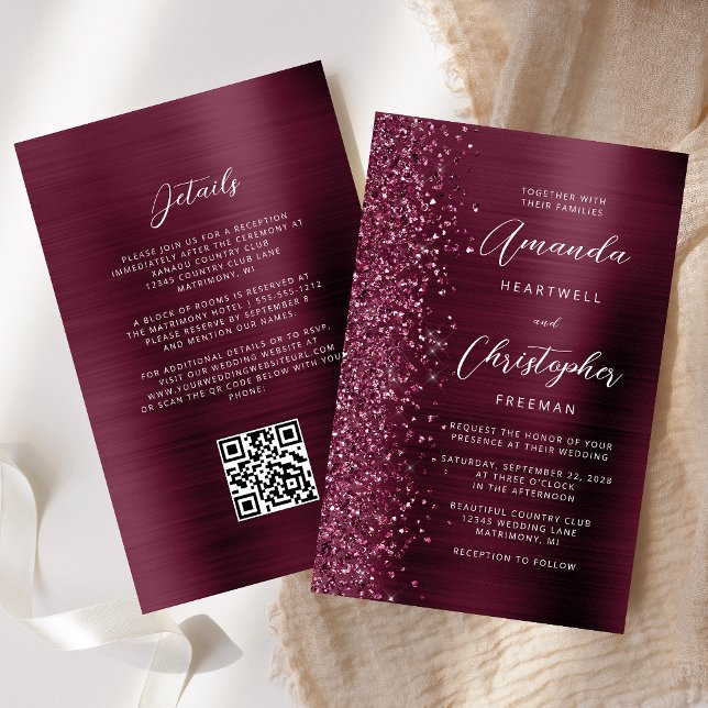 Mariage Code QR Métal Brossé Bourgogne Économique (Créateur téléchargé)