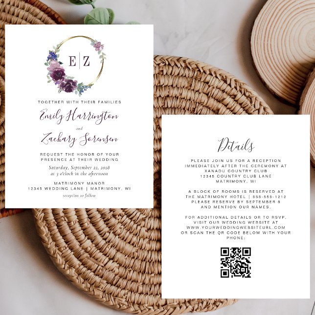 Mariage Code QR Monogramme Couronne Violet Budget (Créateur téléchargé)