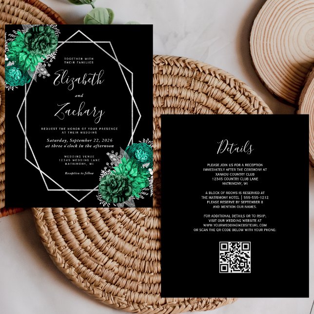 Mariage Code QR Noir Argent Floral Émeraude Budget (Créateur téléchargé)