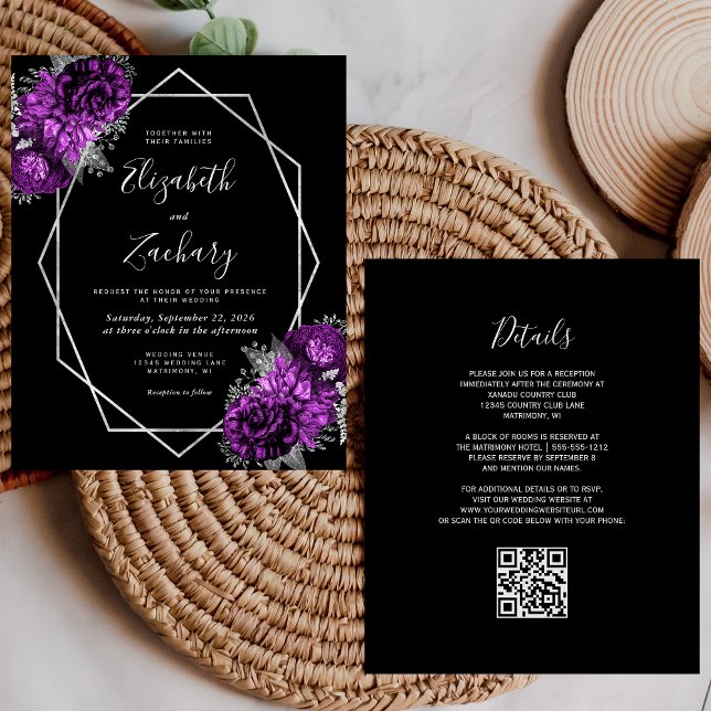 Mariage Code QR Noir Floral Argent Violet Budget (Créateur téléchargé)