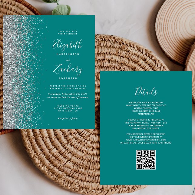 Mariage Code QR Pailleté Argent Bleu Sarcelle Budg (Créateur téléchargé)