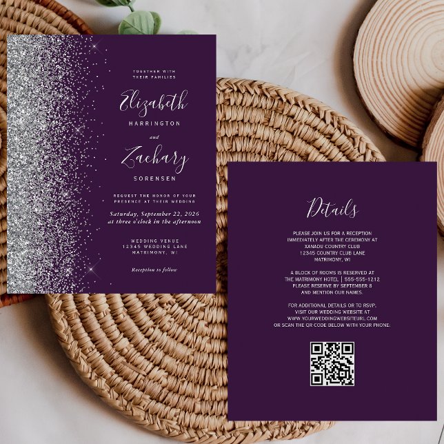 Mariage Code QR Paillettes Argent Violet Budget (Créateur téléchargé)