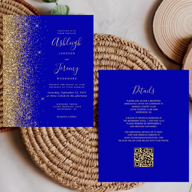 Mariage Code QR Paillettes Or Bleu Royal Économiqu (Créateur téléchargé)