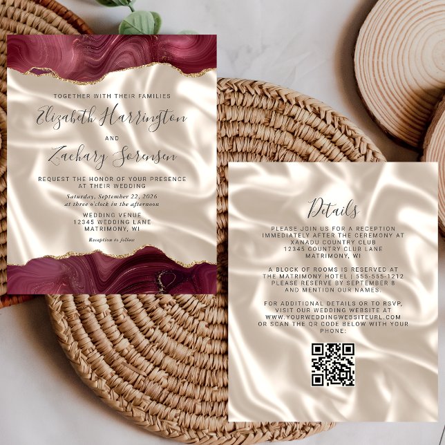 Mariage Code QR Soie Agate Or Bourgogne (Créateur téléchargé)