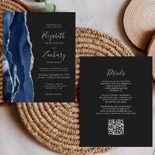 Mariage Code QR Sombre Agate Argent Bleu Marine Bu