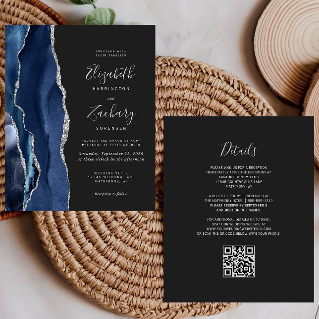 Mariage Code QR Sombre Agate Argent Bleu Marine Bu (Créateur téléchargé)