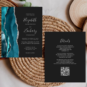 Mariage Code QR Sombre Agate Argent Teal Budget