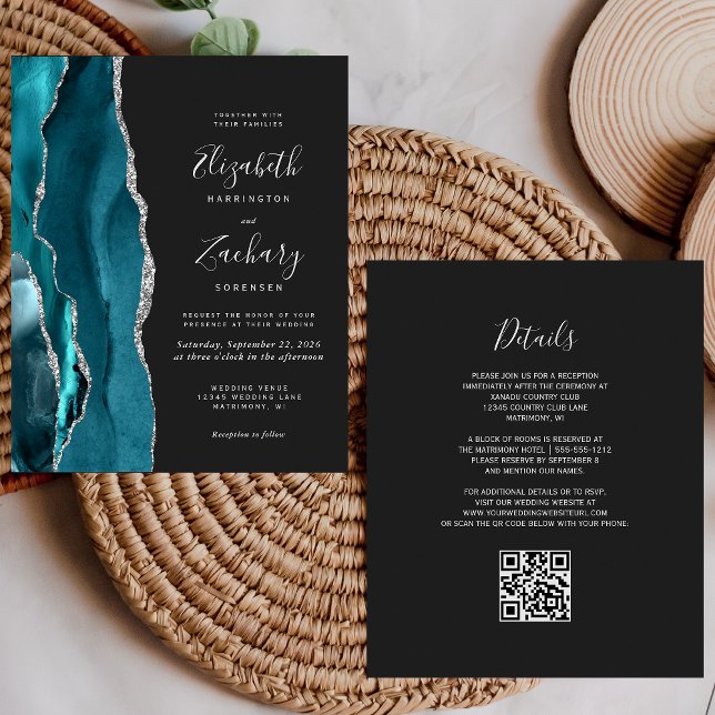 Mariage Code QR Sombre Agate Argent Teal Budget (Créateur téléchargé)