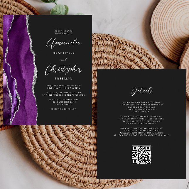 Mariage Code QR Sombre Agate Argent Violet Budget (Créateur téléchargé)