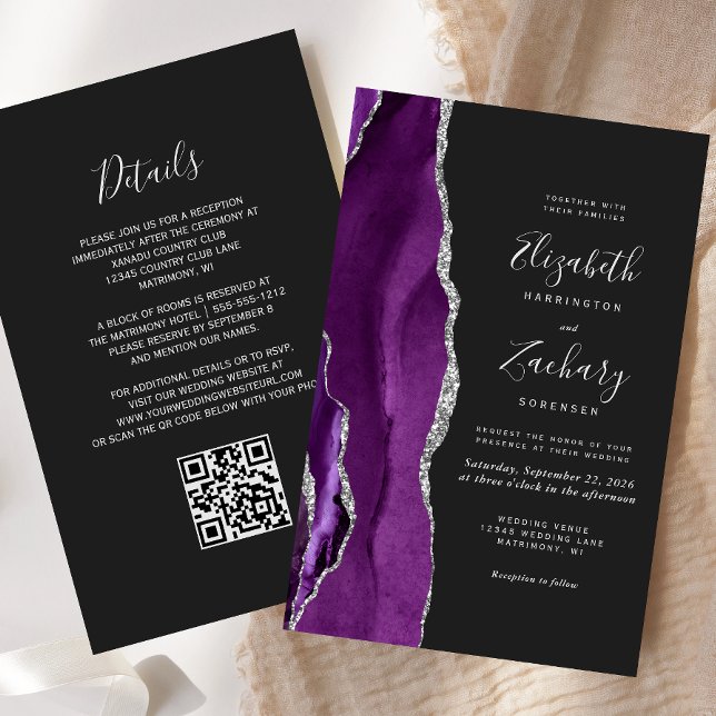 Mariage Code QR Sombre Agate Argent Violet Budget (Créateur téléchargé)
