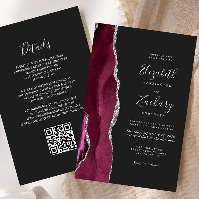 Mariage Code QR Sombre Agate Argenté Bourgogne Pas (Créateur téléchargé)