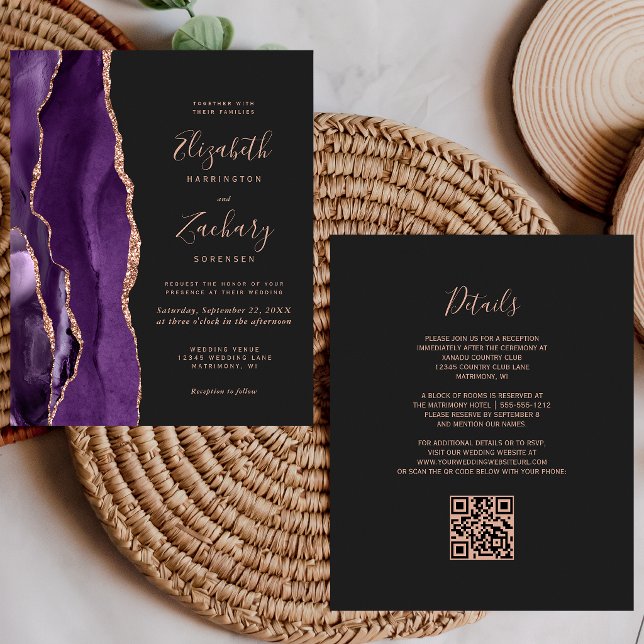 Mariage Code QR Sombre Agate Violet Or Rose Budget (Créateur téléchargé)
