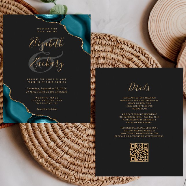 Mariage Code QR Sombre Coins Agate Turquoise Écono (Créateur téléchargé)
